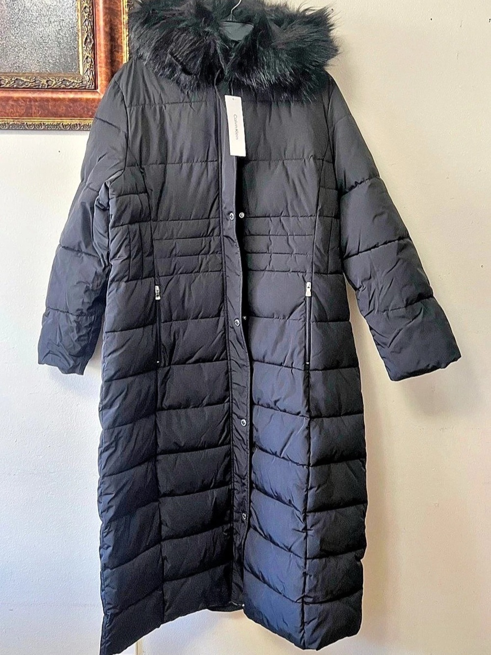 Calvin Klein Faux Fur Trim Hooded Long Puffer Coat Black XL